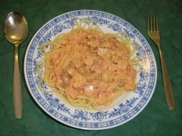 Rezept: Spagetti mit Tomaten-Schinken-Sahnesoße Spagetti mit Tomaten-Schinken-Sahnesoße - Rezept