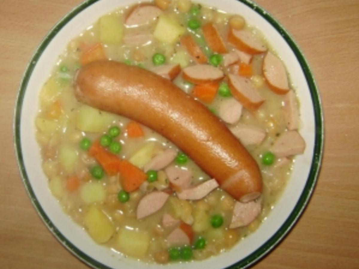 Tempoerbsen Suppe mit Bockwurst - einfach - 152 kcal/100g