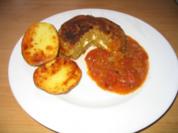 vegetarischer Linsenhackbraten mit Schafskäsefüllung und Ofenkartoffeln - Rezept