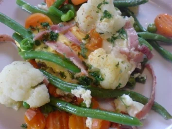 Rezept: Spiegelei-Pfanne mit Gemüse und Schinken Spiegelei-Pfanne mit Gemüse und Schinken - Rezept