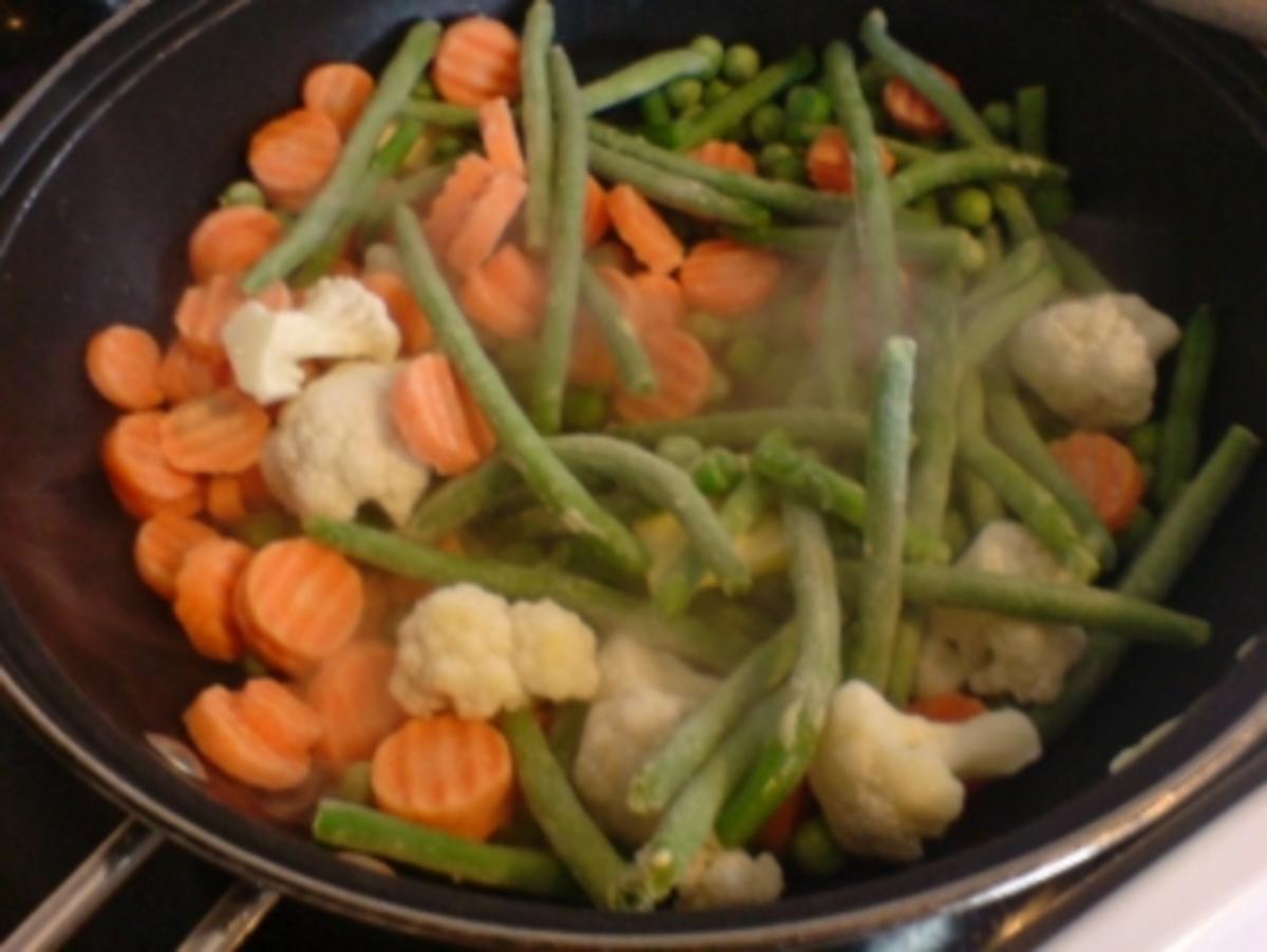 Spiegelei-Pfanne mit Gemüse und Schinken - Rezept