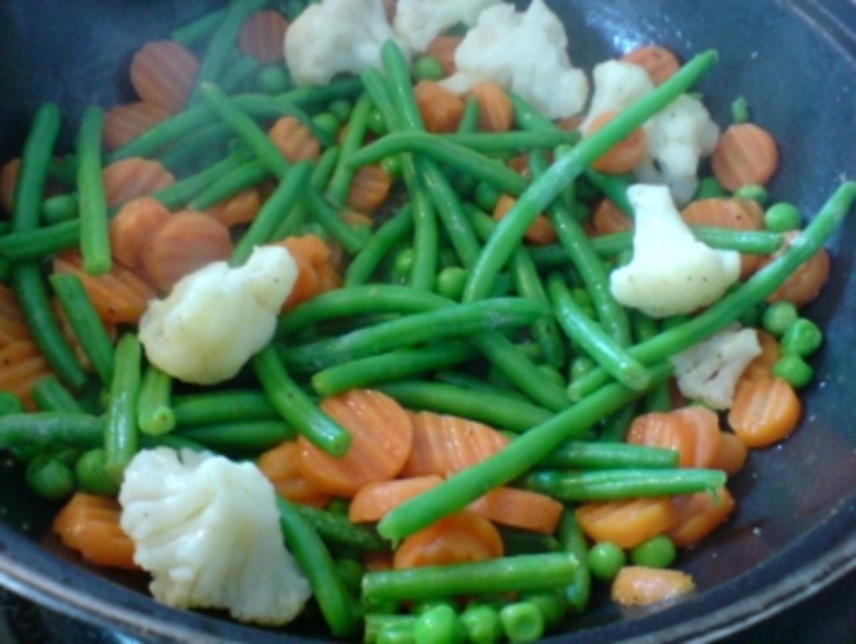 Spiegelei-Pfanne mit Gemüse und Schinken - Rezept