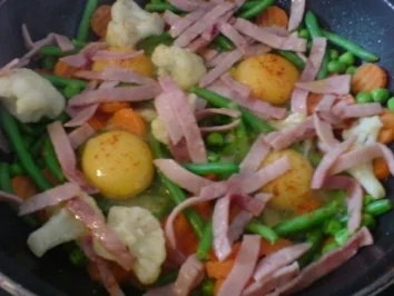 Rezept: Spiegelei-Pfanne mit Gemüse und Schinken Spiegelei-Pfanne mit Gemüse und Schinken - Rezept