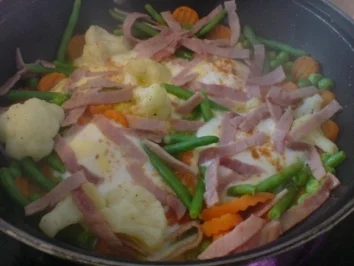 Rezept: Spiegelei-Pfanne mit Gemüse und Schinken Spiegelei-Pfanne mit Gemüse und Schinken - Rezept