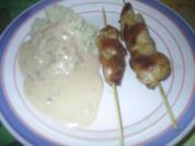 Geflügel - Hähnchen-Saté mit Erdnuss-Sauce und Reis - Rezept