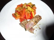 Thunfisch gebraten auf Linsen-Mango-Gemüse bzw. Gemüse fruchtig-scharf - Rezept