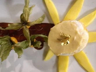 Sonnentempel – Multivitamintörtchen an Mango mit Schokoladenweg u. Blattgold - Rezept