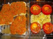 Seelachsfilet mit Tomaten-Parmesan-Kruste und einem neuen Schuppenkleid - Rezept
