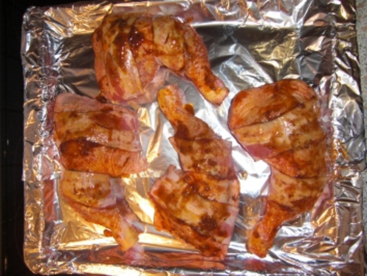 Bacon - Hähnchenschenkel mit Knoblauch- Honigmarinade - Rezept