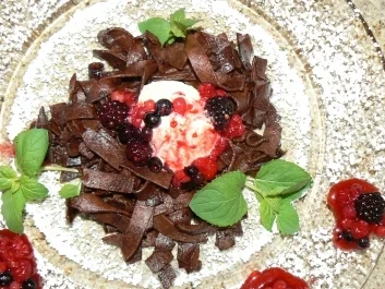 Beeren auf Vanilleeis im Schokoladennudelnest - Rezept