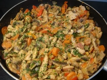 Fleischgerichte: Putengeschnetzeltes mit Pilzen und Reismischung - Rezept