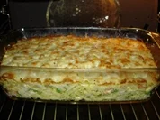 Scampiauflauf auf Lachsnudeln. - Rezept