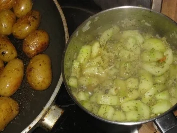 Heilbuttsteak   " Roti " mit Gurkengemüse und gebräunten Drillingen - Rezept