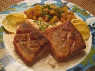 Auf der Haut gebratenes Zanderfilet  mit Rahmsauerkraut und  Elsässer-Kartoffeln - Rezept