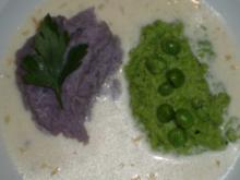 Zweierlei Püree von violetter Kartoffel und Erbse an  Meerrettichsoße - Rezept