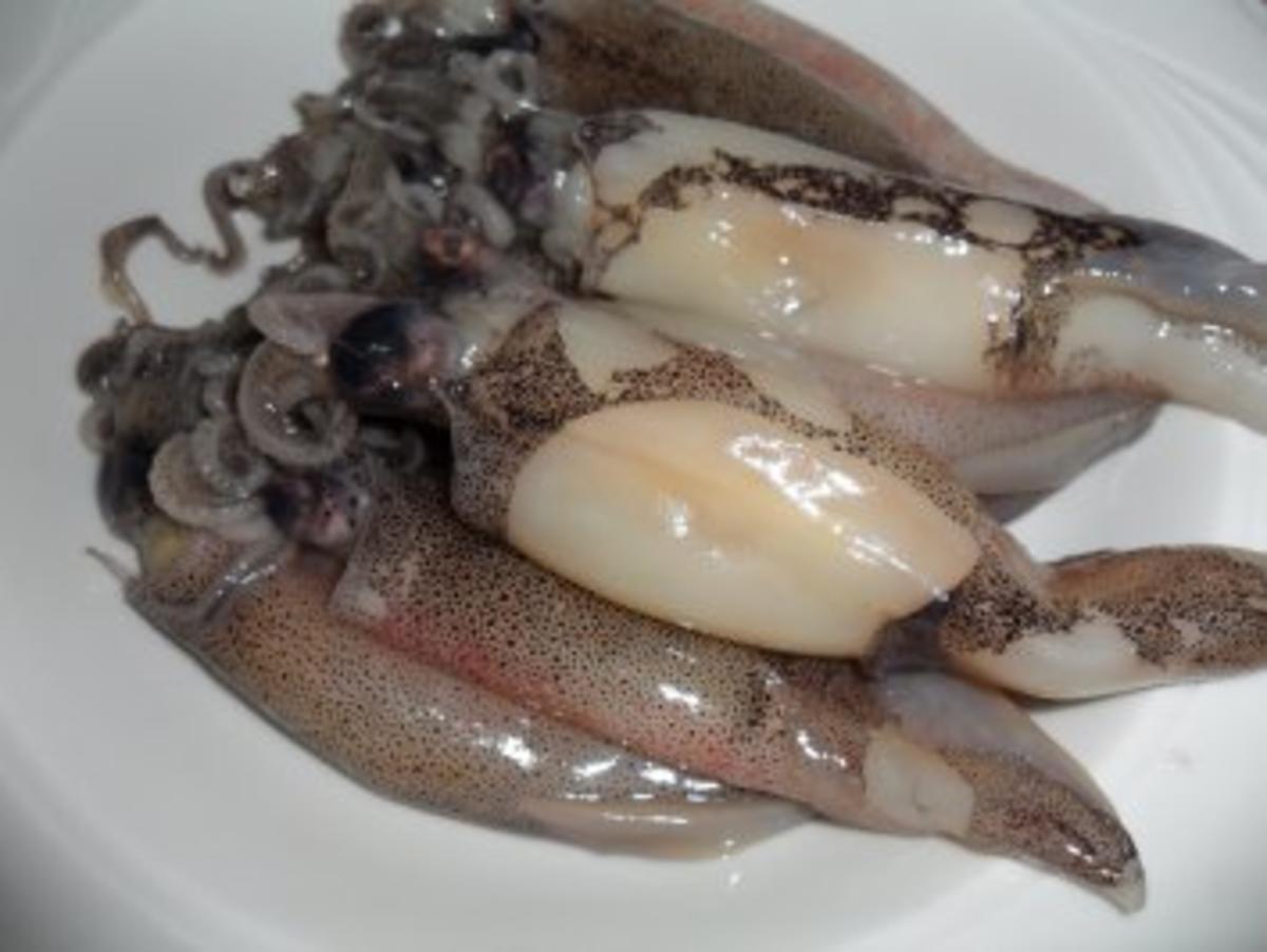 Gebratene Sepia (Tintenfisch) auf scharzen Bandnudeln mit Tomatensoße ...
