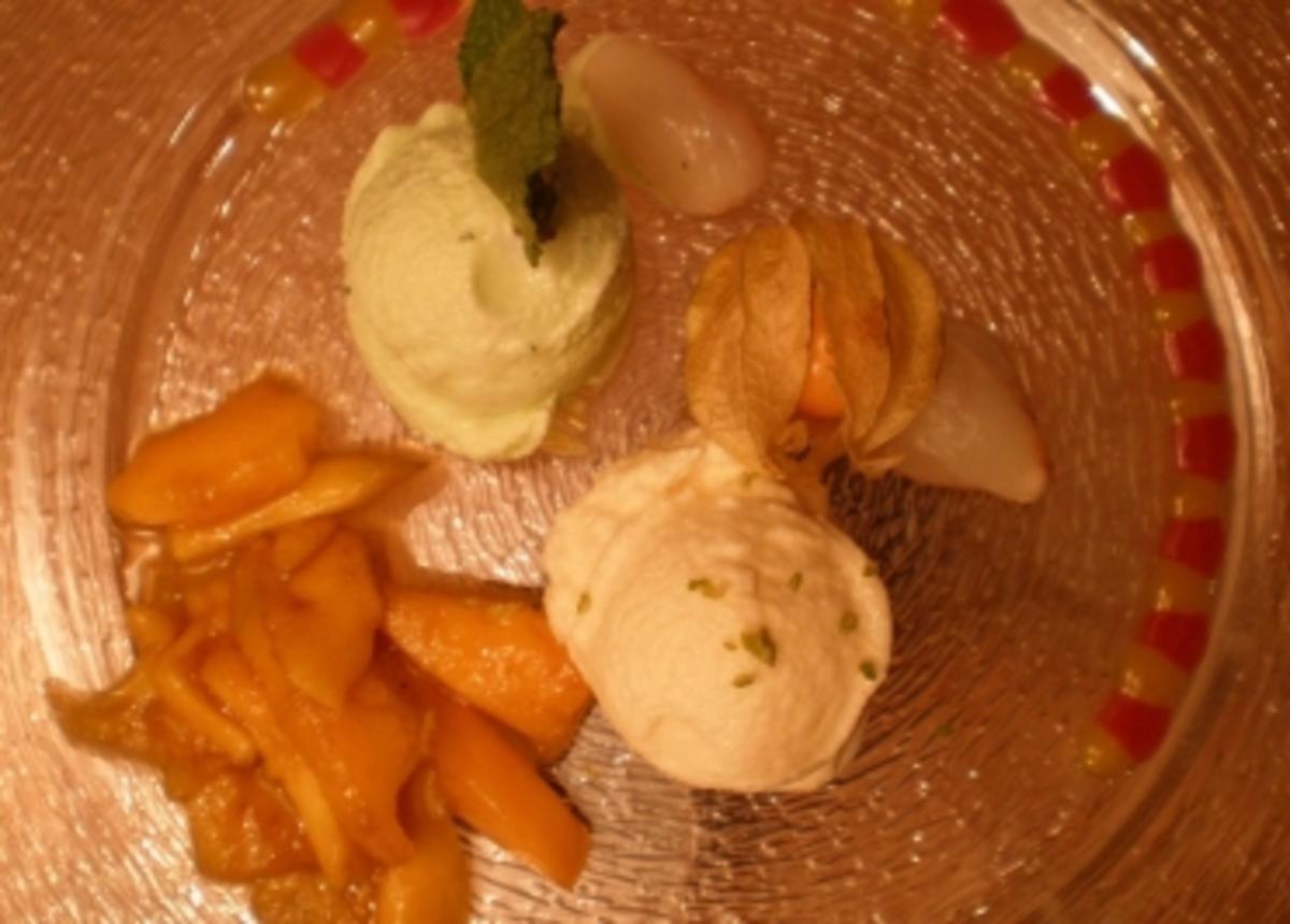 Litschi-Honig-Sorbet, Limette-Minze-Sorbe und karamellisierte Mangos - Rezept