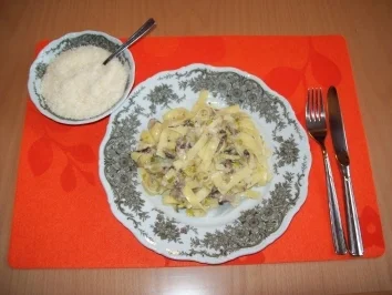 Bandnudeln mit Champignon - Lauch - Soße - Rezept