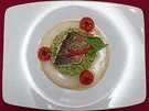 Rezept: Wolfsbarsch auf Pestorisotto an Sauce Bouillabaisse und konfierten Tomaten Wolfsbarsch auf Pestorisotto an Sauce Bouillabaisse und konfierten Tomaten - Rezept