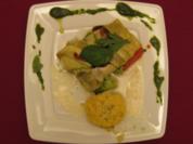 Zander im Zucchinimantel mit Kartoffeltarte und Senfschaum - Rezept