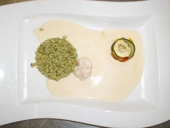 Gebratener Kaisergranat mit Risotto aus Zartweizen und Zucchini-Lasagne - Rezept