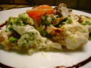 Fisch : Rotbarschfilet mit Broccoli und  Austernpilze überbacken - Rezept