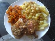 Estragonhühnchen mit Kartoffelstäbchen und Möhren - Rezept