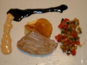 Tunfisch auf Rosmarinsoße an Ratatouille und Kartoffelpüree - Rezept