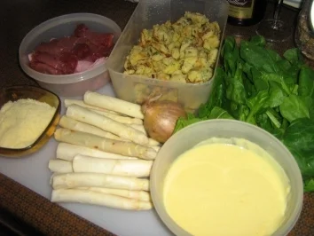 Spargel-Spinat-Gratin mit Kratzede, Schinken und Sauce Hollandaise - Rezept - Bild Nr. 2