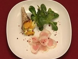 Avocado und Orange an einem Carpaccio von Seeteufel und Tunfisch - Rezept