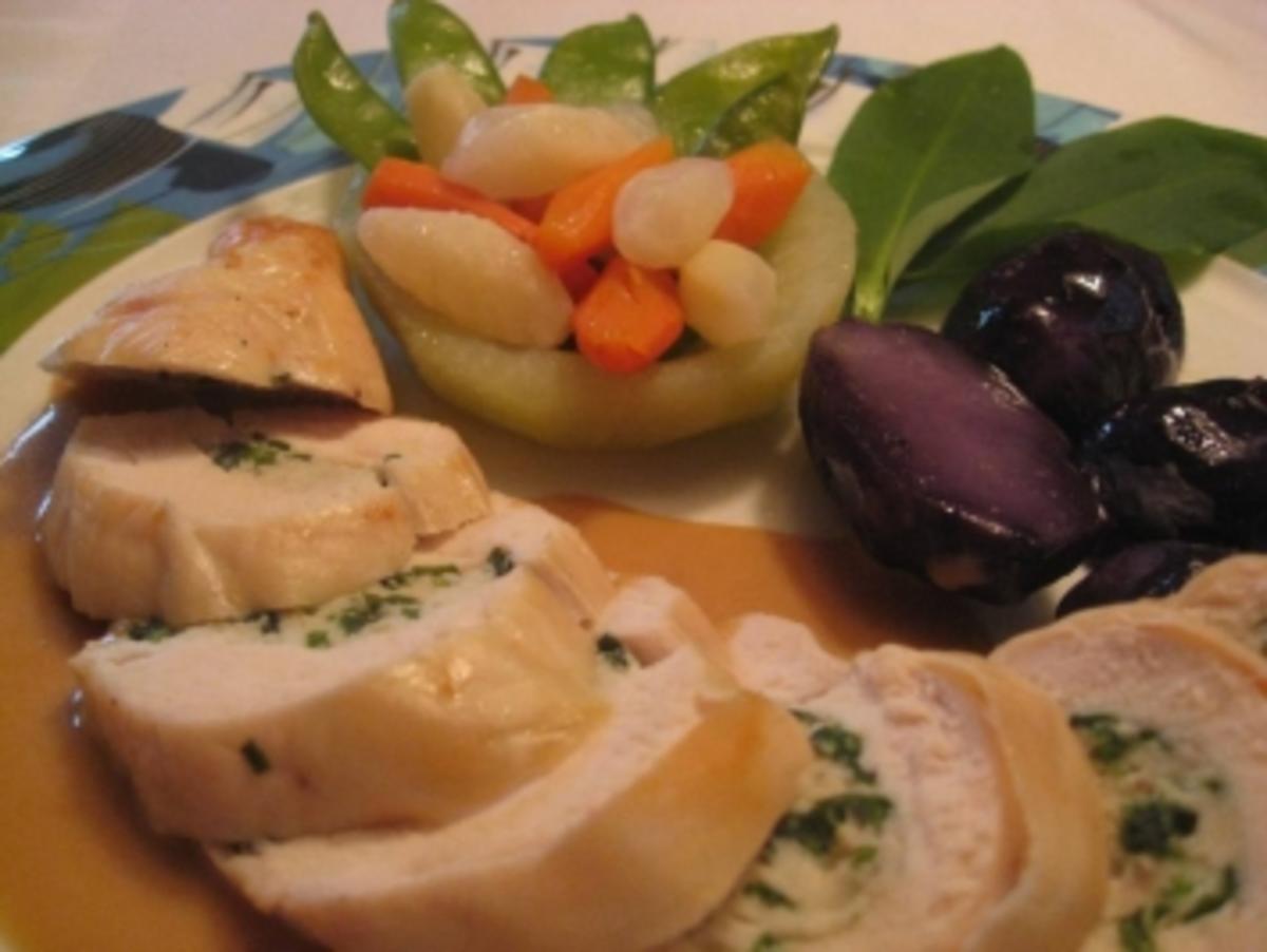 gefüllte  Poulardenbrust mit Bärlauchfarce , Kohlrabikörbchen & violetten Kartoffeln - Rezept