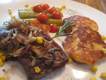 Amerikanisches  Rumpsteak glasierten Zwiebeln , Staudensellerie mit Cocktailtomaten & Maispfannkuchen - Rezept - Bild Nr. 5
