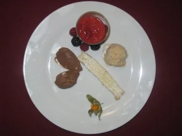 Tonkabohneneis, Schokoladenmousse und Himbeersüppchen - Rezept