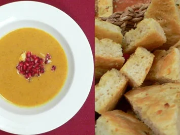 Rezept: Apfel-Curry-Cremesuppe mit Granatapfelkernen und selbst gemachter Focaccia Apfel-Curry-Cremesuppe mit Granatapfelkernen und selbst gemachter Focaccia - Rezept