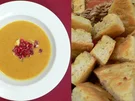 Apfel-Curry-Cremesuppe mit Granatapfelkernen und selbst gemachter Focaccia - Rezept