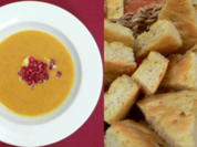 Apfel-Curry-Cremesuppe mit Granatapfelkernen und selbst gemachter Focaccia - Rezept