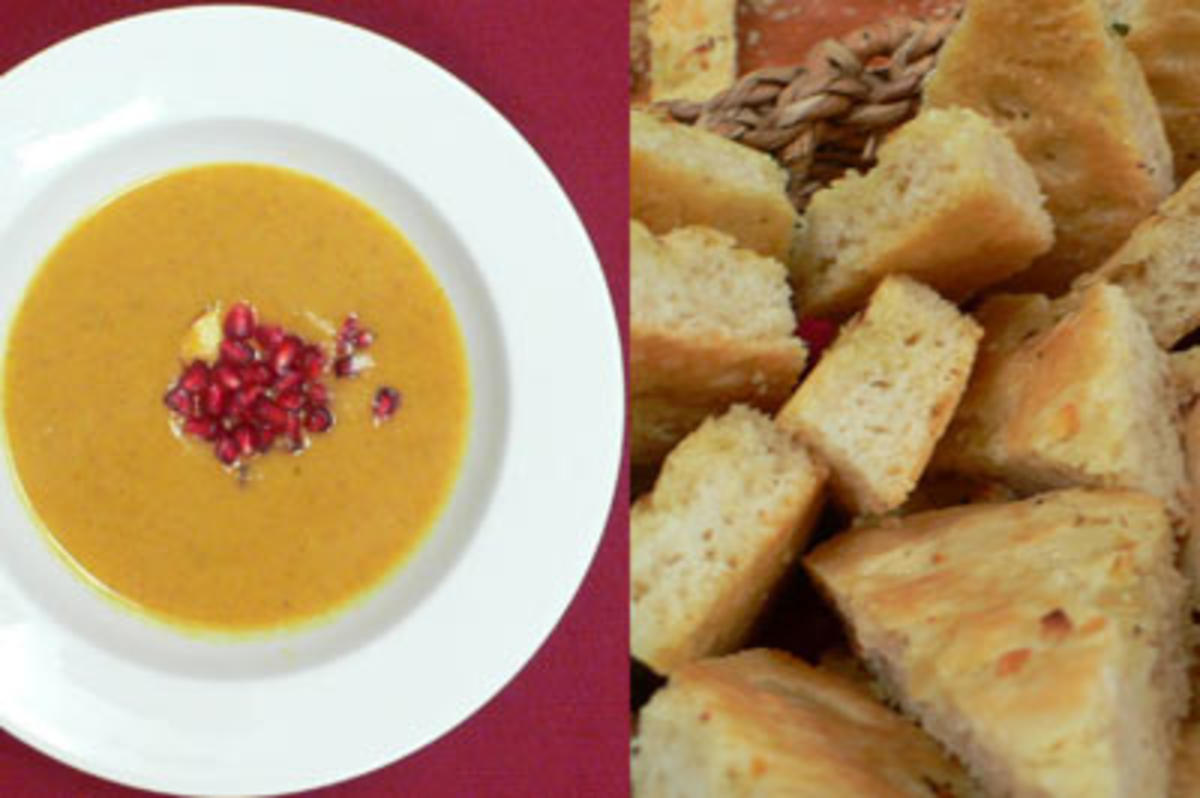 Bilder für Apfel-Curry-Cremesuppe mit Granatapfelkernen und selbst gemachter Focaccia - Rezept