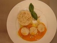 Jakobsmuscheln auf Pinienkernrisotto mit Orangen-Safran-Soße - Rezept