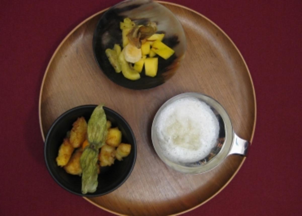 Gebackener Obstsalat Singapur Art mit frischem Sorbet von grünem Tee -
Rezept By Das perfekte Dinner