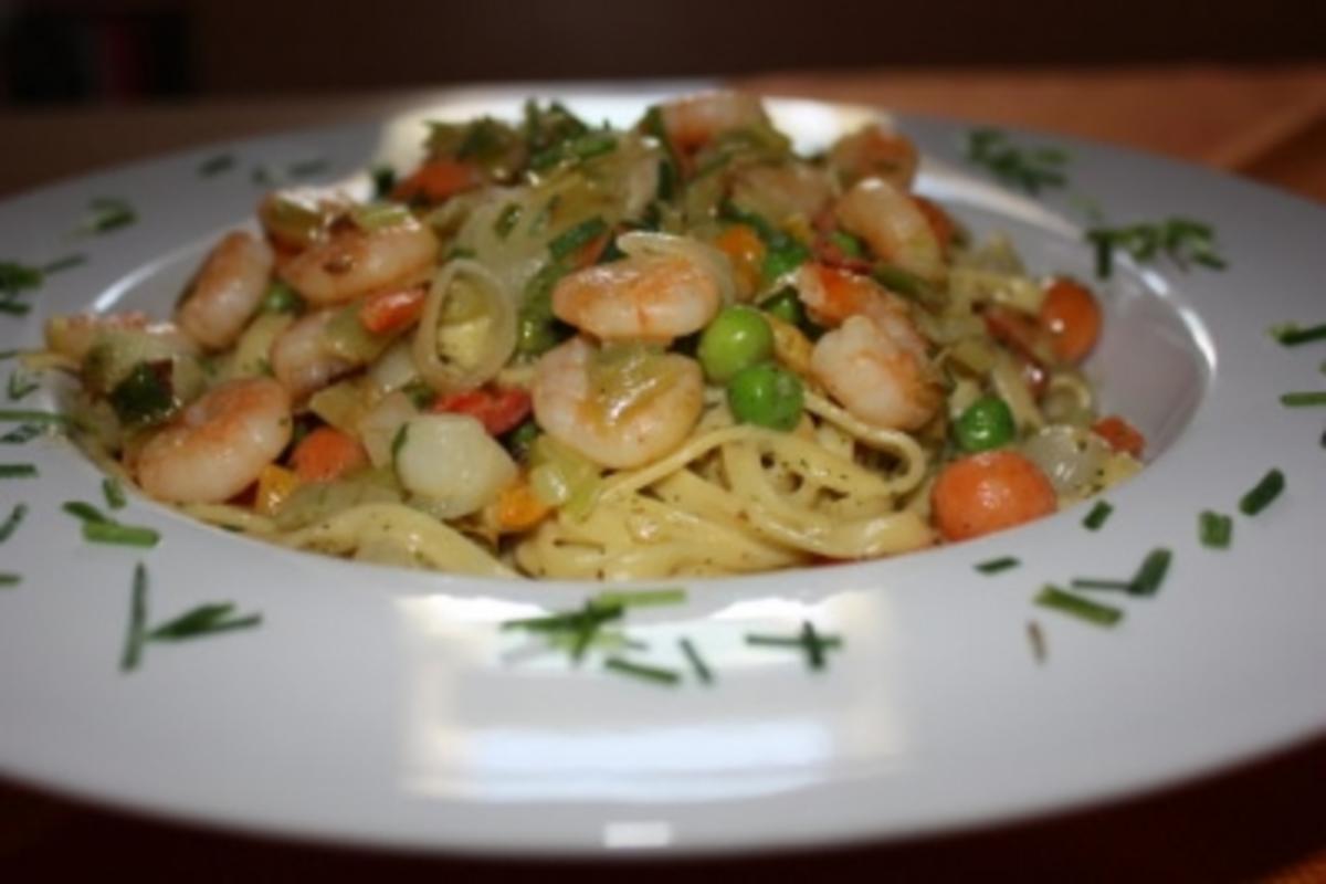 Fettucine mit  Gemüse und Scampi´s - Rezept