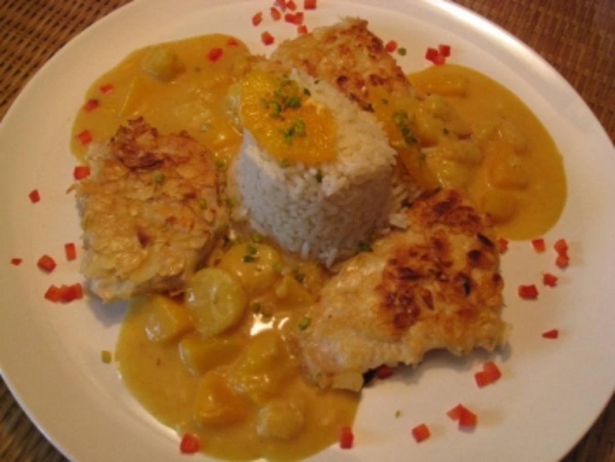 Truthahn - Putenschnitzel im Mandelkleid mit einer Currysauce - Rezept