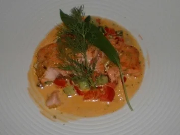 Lachskotelett mit Honig-Knoblauchkruste auf Gurken-Paprikaragout - Rezept