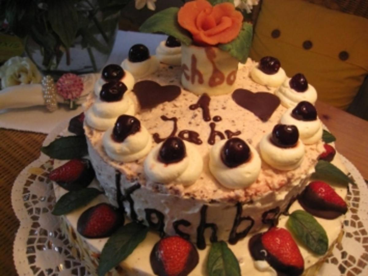 Geburtstagstorte zweistöckig - Joghurt-Schokoladen- Minztorte mit frischen Erdbeeren  & - Rezept