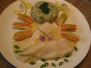 Schollenfilet mit einer leichten Senfsauce, Gemüsebündchen & Kräuterreis - Rezept
