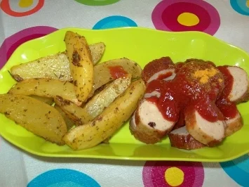 Rezept: Currywurst mit Kartoffelspalten Currywurst mit Kartoffelspalten - Rezept