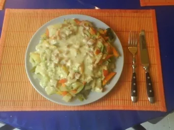 Rezept: Gemüse: Gedämpftes Gemüse mit Kräuter-Käse-Specksoße Gemüse: Gedämpftes Gemüse mit Kräuter-Käse-Specksoße - Rezept