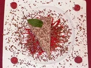 Eistorte auf Himbeerspiegel mit Schokoraspeln und Minzblatt - Rezept