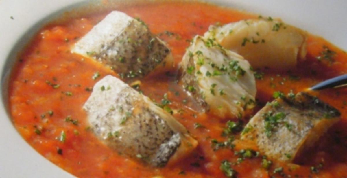 Suppe --- vom Seehecht mit Tomaten - Rezept