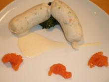 Zanderweißwurst mit Meerrettichsoße auf Blattspinat mit Tomaten-Concassée - Rezept