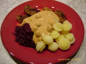 Kartoffelpilze an Minischnitzeln und Rotkraut - Rezept